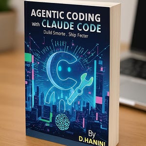 May include: A hardcover book titled "AGENTIC CODING with CLAUDE CODE" by D. Hanini. The cover features a neon blue and green illustration of a robot-like figure holding a wrench, set against a cityscape background. The book is on a wooden surface.