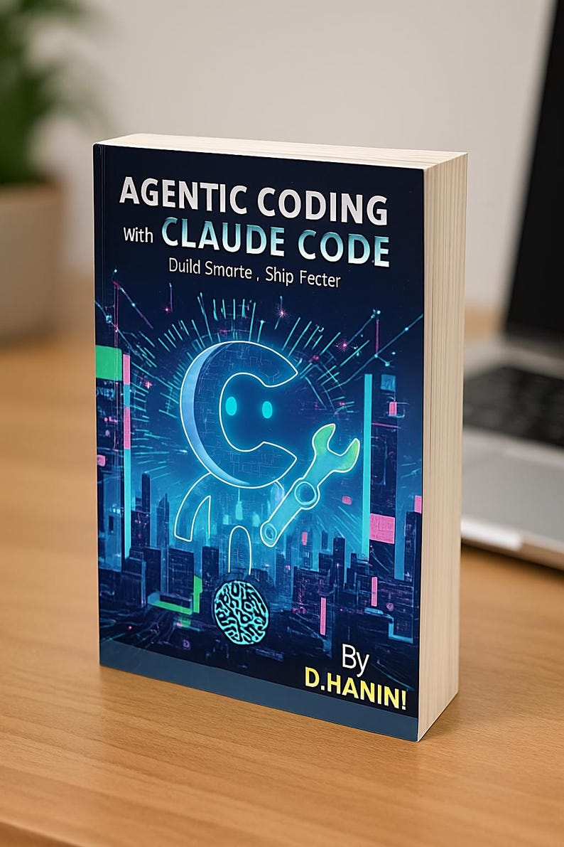 May include: A hardcover book titled "AGENTIC CODING with CLAUDE CODE" by D. Hanini. The cover features a neon blue and green illustration of a robot-like figure holding a wrench, set against a cityscape background. The book is on a wooden surface.