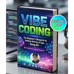Puede incluir: Un libro titulado "Vibe Coding" con una portada vibrante. El título es azul y verde, con el subtítulo "The Beginner's Blueprint to Building Websites & Apps Using AI". Se ve una insignia de PDF digital. El autor es D. Hanini.