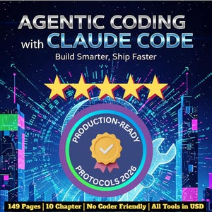 May include: A digital graphic with the text "AGENTIC CODING with CLAUDE CODE" in silver and blue. The image includes five gold stars, a circular badge that says "PRODUCTION-READY PROTOCOLS 2026", and a wrench graphic. The bottom of the image has text that says "149 Pages | 10 Chapter | No Coder Friendly | All Tools in USD".