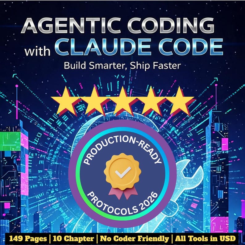 May include: A digital graphic with the text "AGENTIC CODING with CLAUDE CODE" in silver and blue. The image includes five gold stars, a circular badge that says "PRODUCTION-READY PROTOCOLS 2026", and a wrench graphic. The bottom of the image has text that says "149 Pages | 10 Chapter | No Coder Friendly | All Tools in USD".
