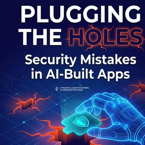 May include: A dark blue graphic featuring the text PLUGGING THE HOLES Security Mistakes in AI-Built Apps. A digital illustration shows a glowing blue robotic hand placing a shield-shaped puzzle piece into a hole on a grid surface.