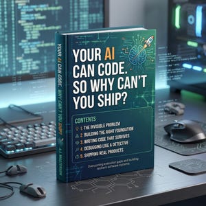 Peut inclure: Un livre relié intitulé Your AI Can Code. So Why Can't You Ship? par A.I. Masterson. La couverture bleu sarcelle foncé présente une fusée décollant d'un graphique de cerveau, une liste de cinq chapitres et le sous-titre Overcoming execution gaps and building resilient software systems.