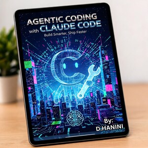 May include: A tablet displays the title "AGENTIC CODING with CLAUDE CODE" with the tagline "Build Smarter, Ship Faster." The image features a glowing blue character holding a wrench, set against a futuristic cityscape background. The author's name, D.HANINI, is also visible.