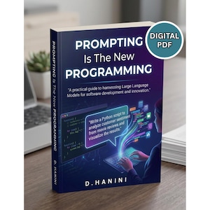 May include: A book titled "PROMPTING Is The New PROGRAMMING" with a digital PDF badge. The cover features text and an illustration of a person using a computer. The book's subtitle is "A practical guide to harnessing Large Language Models for software development and innovation."