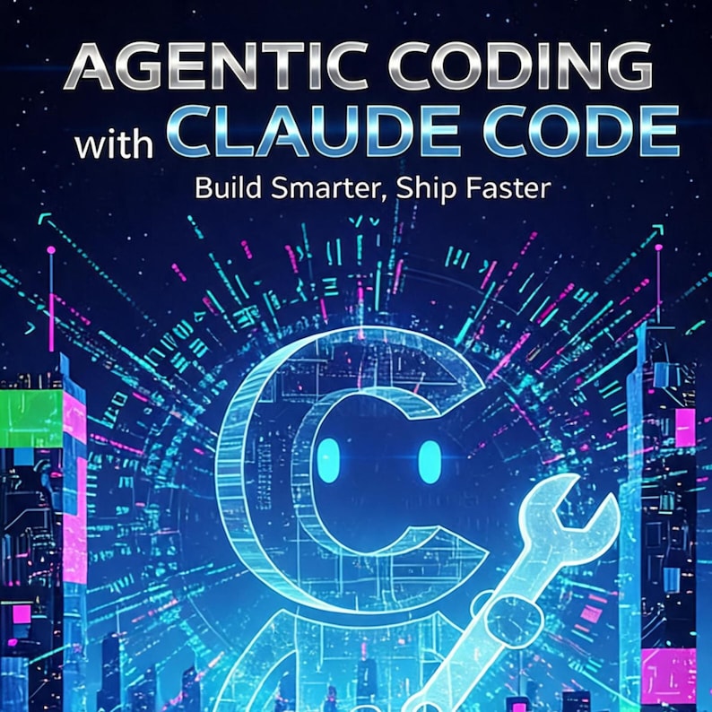 May include: A digital illustration with the text "AGENTIC CODING with CLAUDE CODE" and "Build Smarter, Ship Faster." The image features a robot-like figure holding a wrench, with a network of lines and shapes in shades of blue, pink, and white.