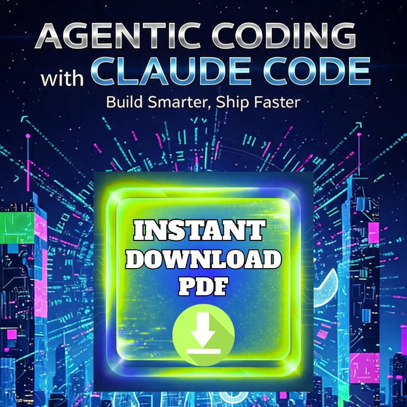 May include: Digital graphic with the text "AGENTIC CODING with CLAUDE CODE" in silver and blue. Below, it reads "Build Smarter, Ship Faster." A glowing green square says "INSTANT DOWNLOAD PDF" with a downward arrow.