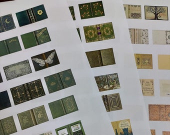 May include: A sheet of paper with multiple images of vintage book covers. The covers are mostly green with gold accents and feature various titles and illustrations.