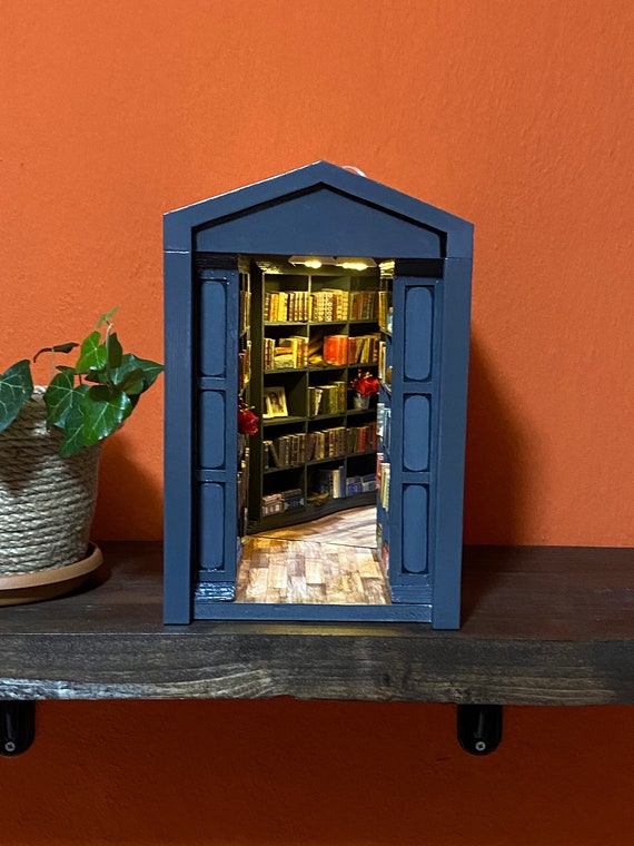 Miniature Library Book Nook Diorama | Handmade Bookshelf Insert with LED Lights