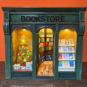 Miniature Bookshop Book Nook: Handmade Christmas Diorama with LED Lights
