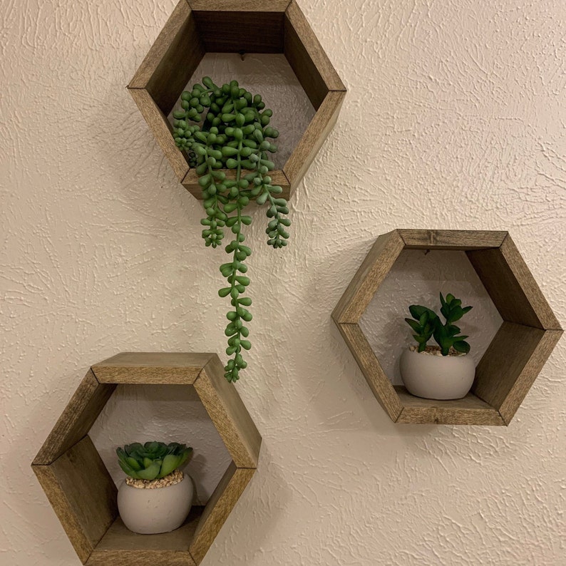 Walnut Hexagon Shelves Hanging Set of 3 Modern Wall Accent Etsy
