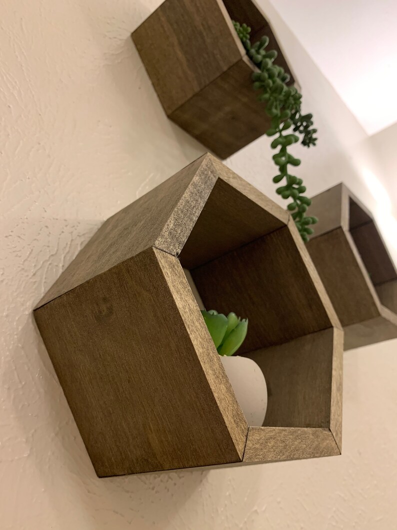 Walnut Hexagon Shelves Hanging Set of 3 Modern Wall Accent Etsy