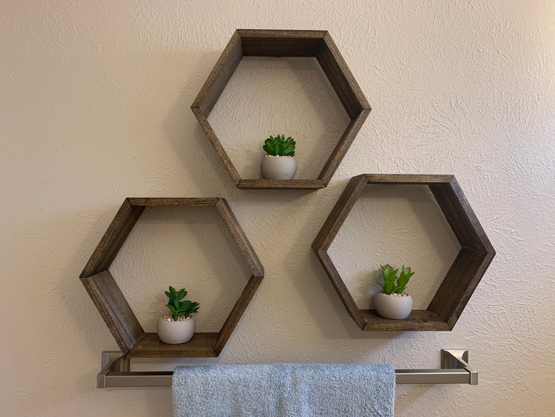 Walnut Hexagon Shelves Hanging Set of 3 Modern Wall Accent Etsy