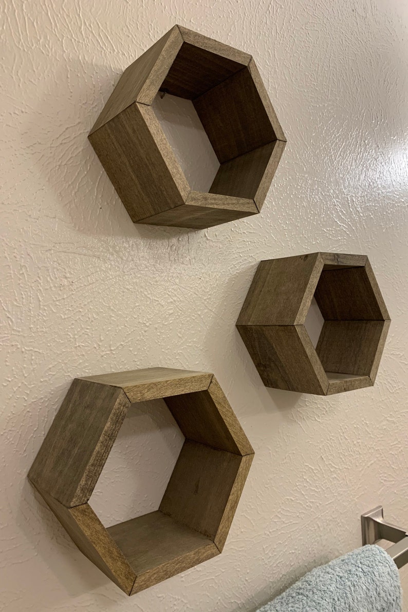 Walnut Hexagon Shelves Hanging Set of 3 Modern Wall Accent Etsy