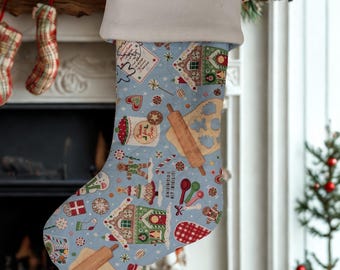 Quilted Christmas Stocking - Light Blue Gingerbread Theme