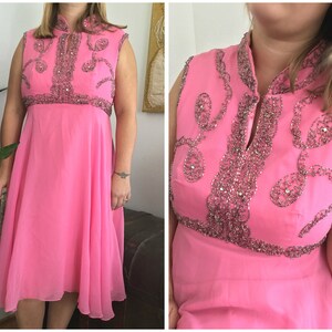 XXL - Vintage 1960's Bubblegum Pink Empire Waist Sequin Party Dress