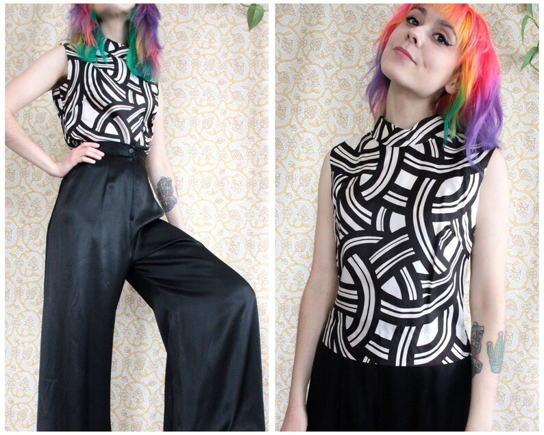 S Vintage 1960/'s Black and White Sleeveless Blouse