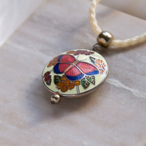 Vintage Cloisonne Butterfly Floral Pendant | 1970… - image 5