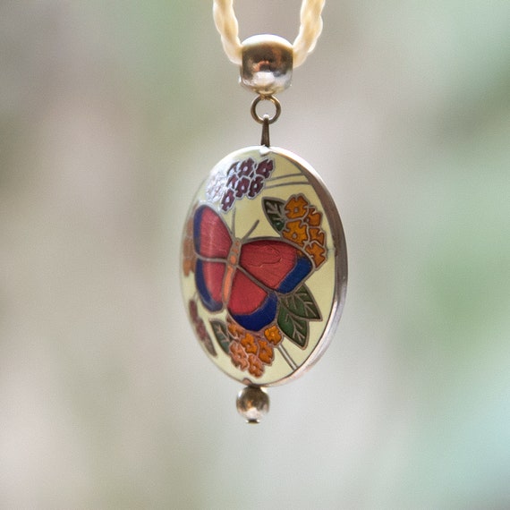 Vintage Cloisonne Butterfly Floral Pendant | 1970… - image 2