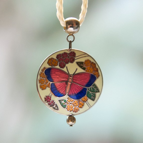 Vintage Cloisonne Butterfly Floral Pendant | 1970… - image 1