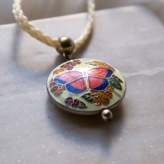 Vintage Cloisonne Butterfly Floral Pendant | 1970… - image 4