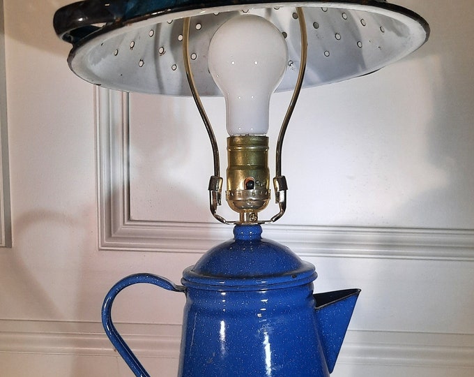 Vintage Blue Graniteware Coffee Pot Lamp With Matching Etsy