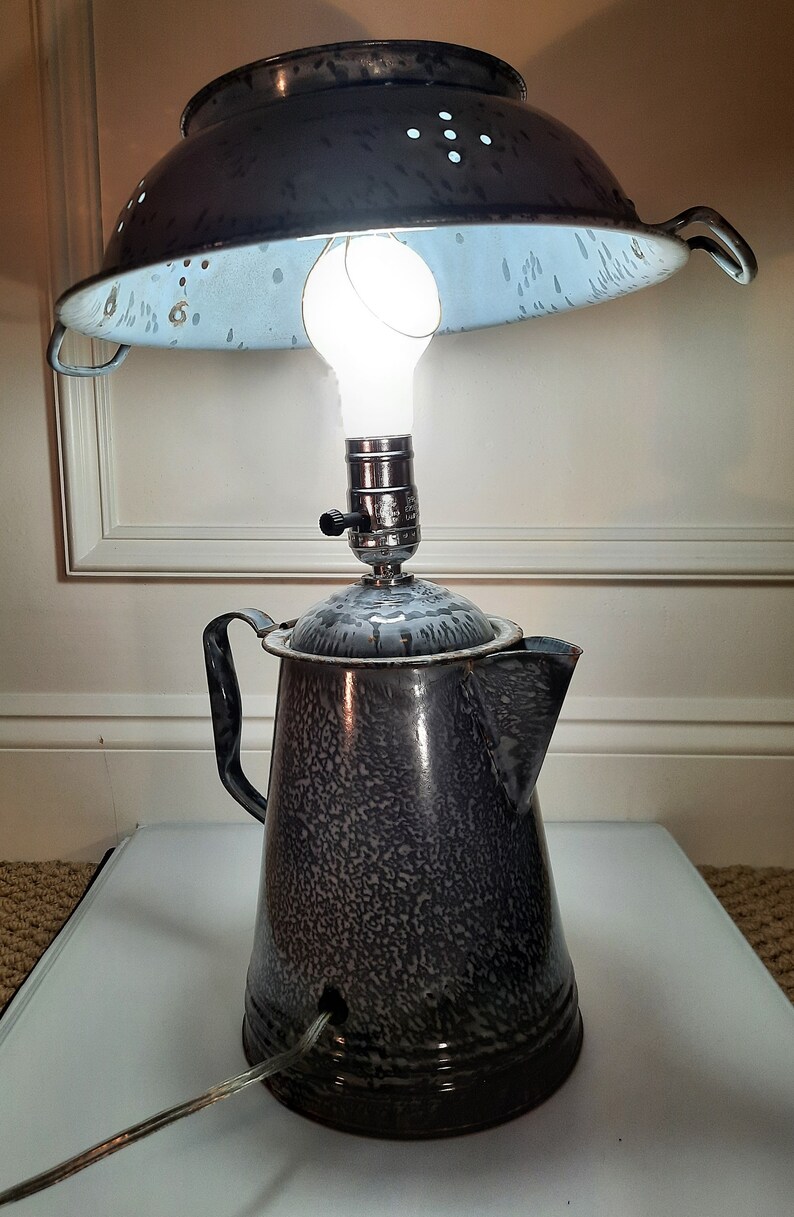 Vintage Gray Graniteware Coffee Pot Lamp Conversion With Etsy