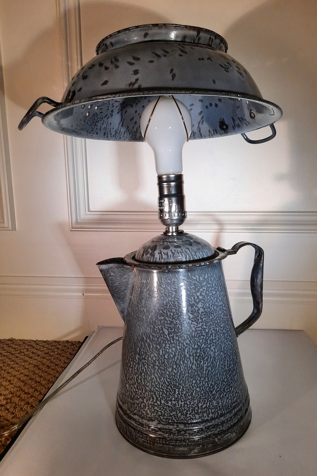 Vintage Gray Graniteware Coffee Pot Lamp Conversion With Etsy