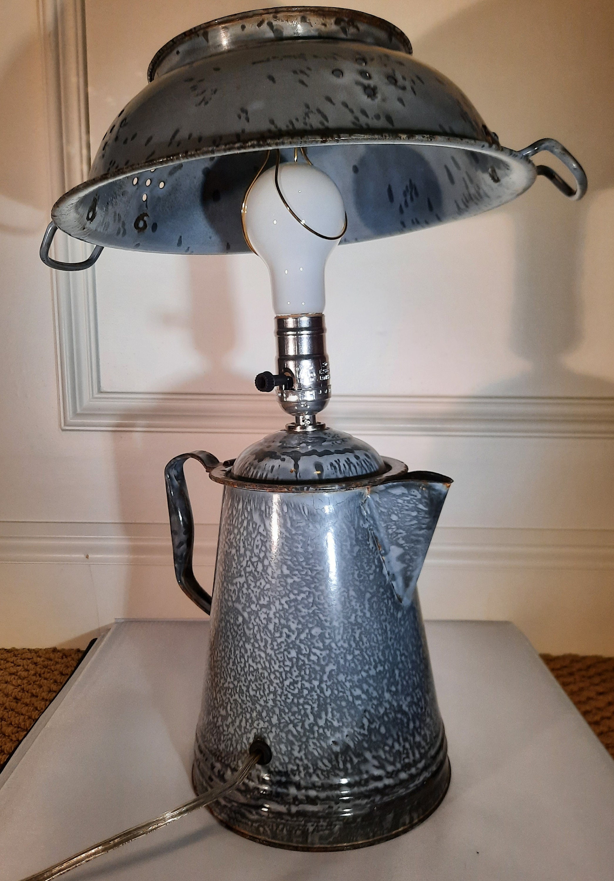 Vintage Gray Graniteware Coffee Pot Lamp Conversion With Etsy