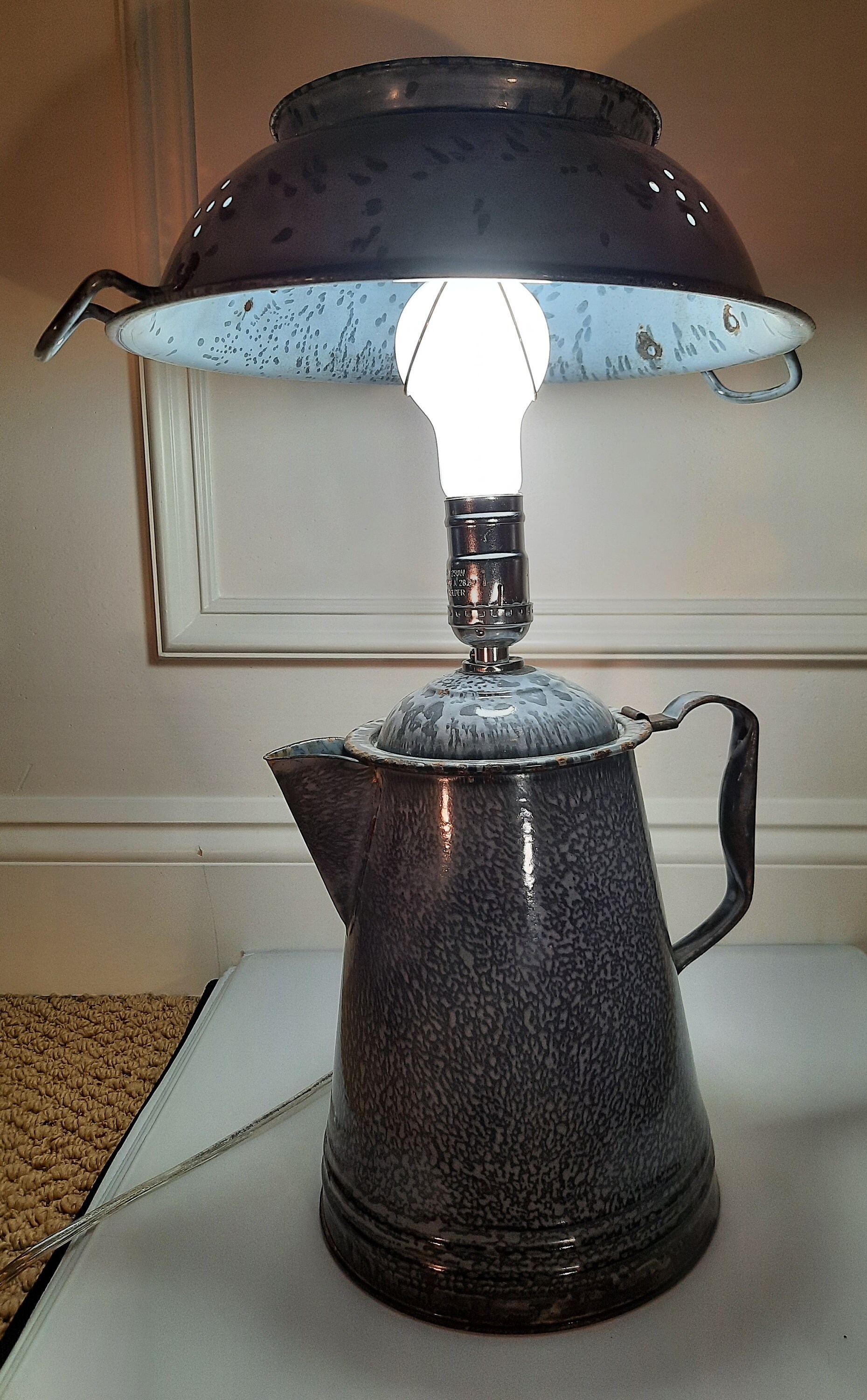 Vintage Gray Graniteware Coffee Pot Lamp Conversion With Etsy