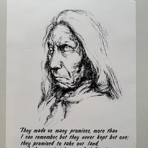 Op de afbeelding: Zwart-witte pentekening van een inheemse Amerikaanse man in profiel. De afbeelding bevat een citaat van Red Cloud: "Ze deden ons veel beloften...en ze namen het."