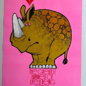 La mayor felicidad en la vida es el amor propio, póster vintage, autoestima, autocuidado, amor propio, rinoceronte, tienda de artículos para animales, años 70.