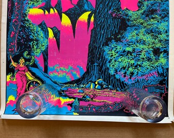 ビンテージ ブラックライト ポスター 滝 サイケデリック パラダイス 山