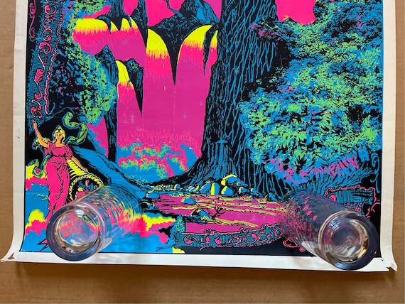 ビンテージ ブラックライト ポスター 滝 サイケデリック パラダイス 山