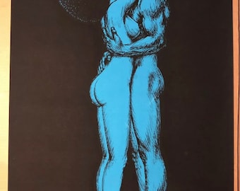 Afro Love Original Vintage Blacklight Poster *71 Houston Couple Embrace Big Hair