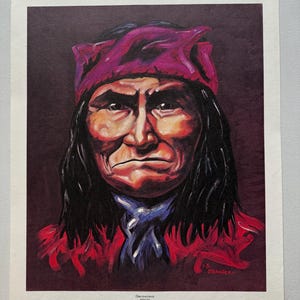 Póster vintage de Geronimo Apache, líder militar indio nativo americano, curandero, pintura de los años 70, dibujo.