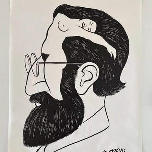 May include: Black and white poster featuring a stylized illustration of Sigmund Freud's profile. The image includes the text "WHAT'S ON A MAN'S MIND" at the top and "SIGMUND FREUD" at the bottom. A nude figure is integrated into the profile.