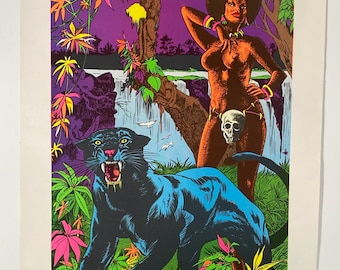 Lady and Panther Blacklight Poster Vintage Original Jungle Cat