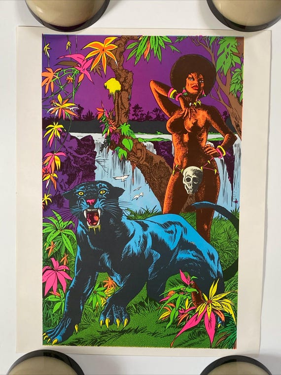 Lady and Panther Blacklight Poster Vintage Original Jungle Cat