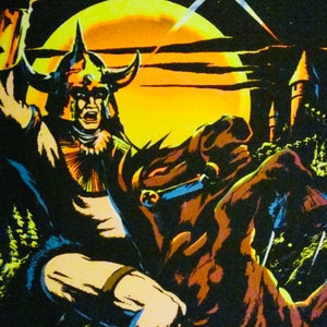 Póster vintage de luz negra de neón Knight & Horse C/C Sales 1984 Psicodélico flocado