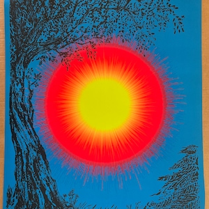 Vintage original de la década de 1960 en el cartel de la mañana paisaje del amanecer Blacklight sun
