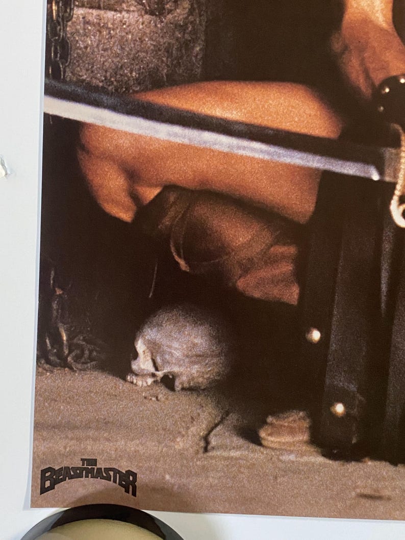 May include: A close-up of a movie poster for the film "The Beastmaster". The poster features a skull on the ground and a person's leg and sword in the background.
