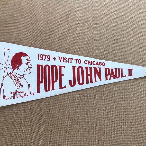 Vintage original 1970s Pope John Paul II pennant 1979 visit to Chicago flag banner souvenir religious memorabilia holy father