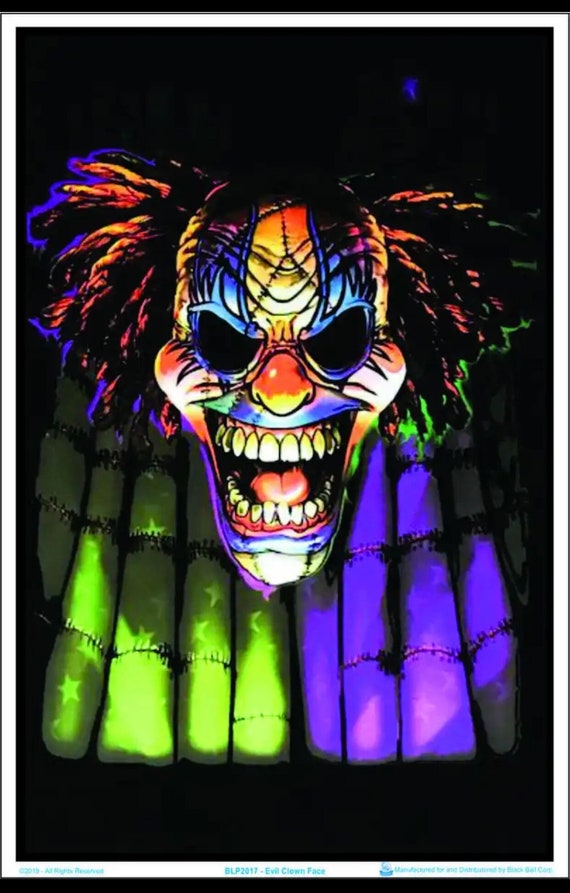 邪悪なピエロの顔のブラックライトポスター、サイケデリックで怖い