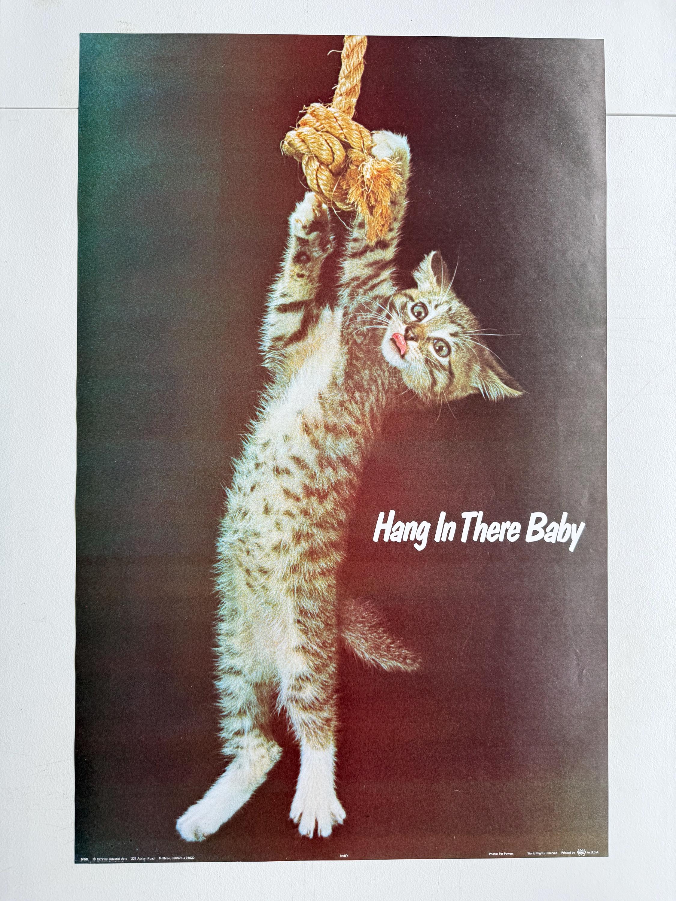 Hang in There Vintage Poster Cat Hanging From a Rope Headshop 1972