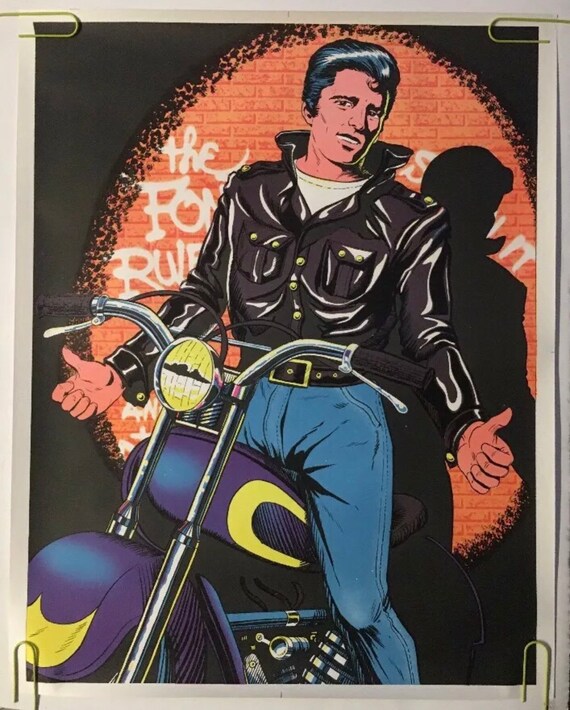 Vintage Blacklight Poster the Fonz Rules Pin-up Motorcycle Happy