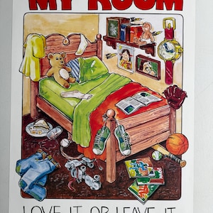 Mi habitación, ámalo o déjalo, póster vintage, dormitorio infantil, niños, sátira, broma, divertido, humor, habitación infantil, 1980
