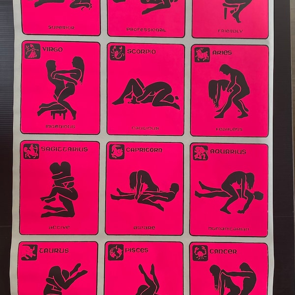 Sex positions zodiac astrology chart 1970’s original blacklight vintage poster