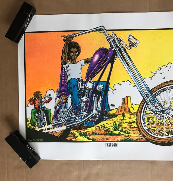 Vintage Original 1970s Freedom Chopper Blacklight Poster Afro Man