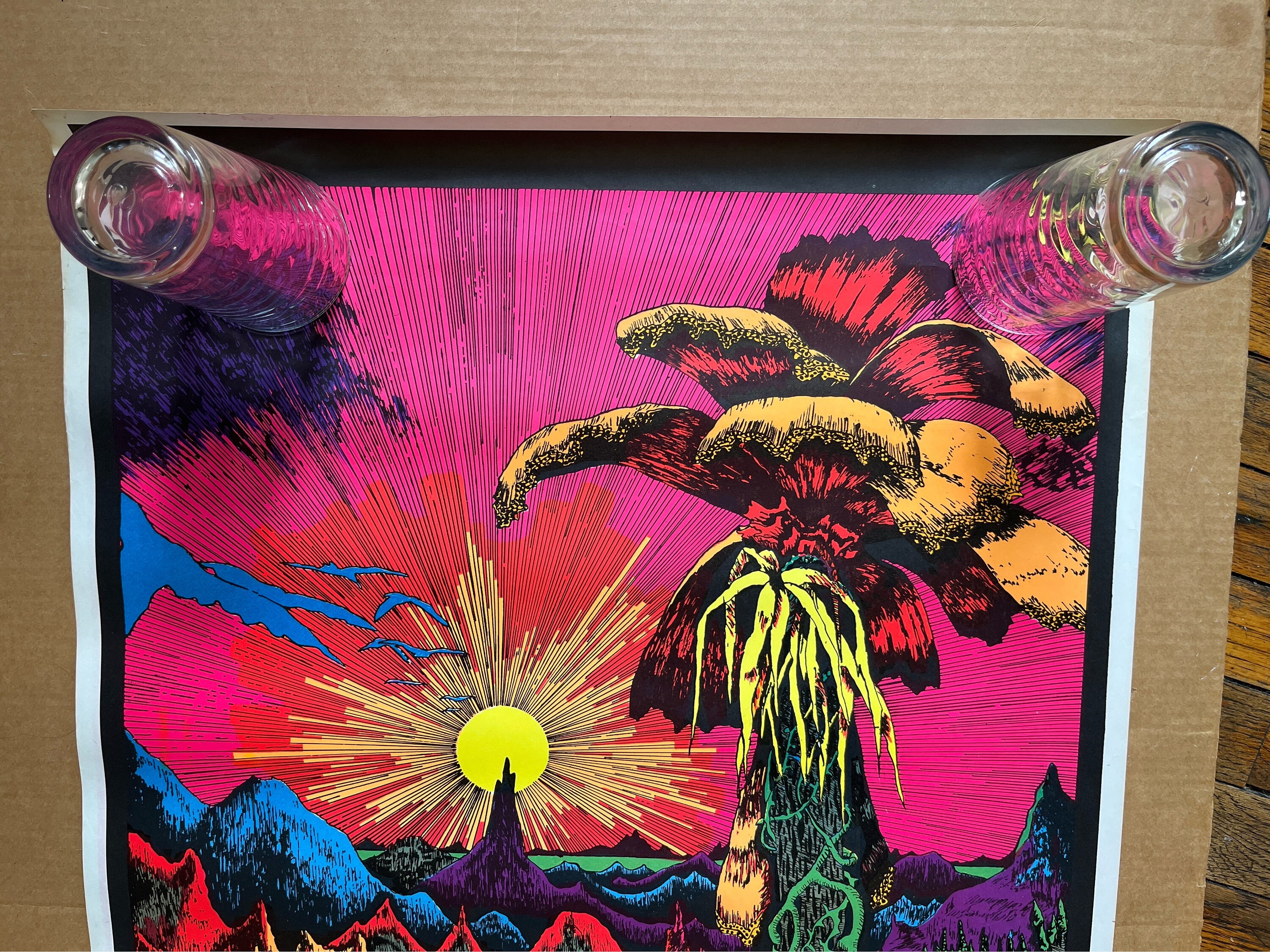 Vintage Blacklight Poster Paradise Sunset Palm Tree Tropical